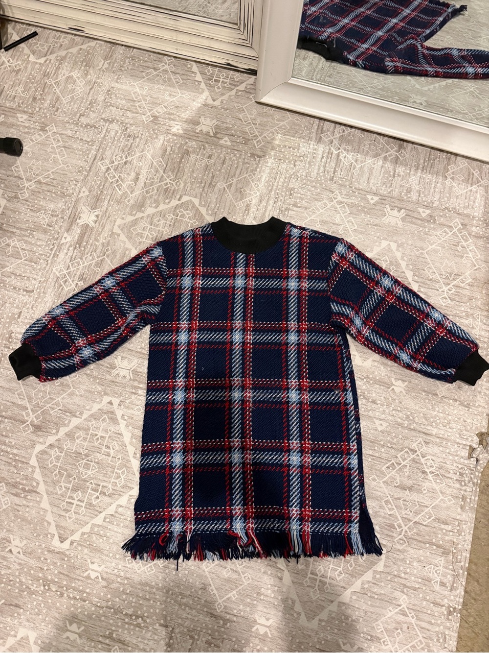 J.O.A. Navy Plaid Fringe-Hem Sweater Dress with Red & Light Blue Stripes